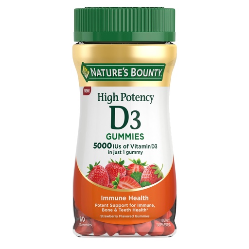 [BRSROCQTCINROG3F] Nature’s Bounty Vitamin D 5000 IU Gummies, Vitamin D3 High Potency Immune Support & Bone Health Supplement, 5000 IU in 1 Gummy, Strawberry Flavor, 2 month Supply, 60 Vegetarian Gummies for Adults