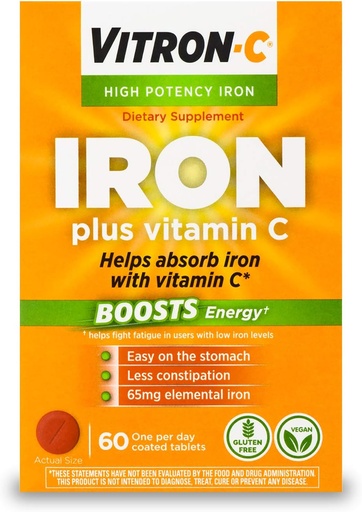 [BRSWKHQ6BYBBKFDM] Vitron-C High Potency Iron Supplement with 125 mg Vitamin C, 60 Count
