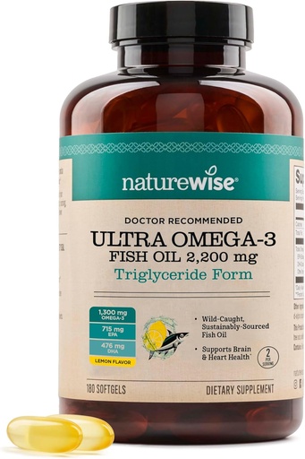 [BRSRAGA6B5YBGFAU] NatureWise Ultra Omega 3 kalaõli 2200 mg - triglütseriidvorm - sidrunimaitse - looduslikult püütud kalaõli + EPA & DHA - toetab aju ja südame tervist - haputu, mitte-GMO - 180 Softgels[3-kuu pakkumine]
