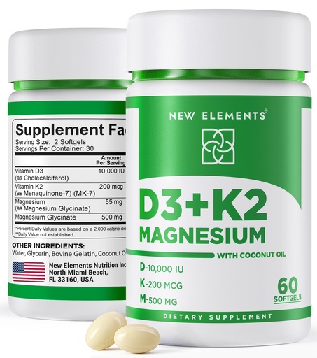 [BRSRAZLQPJ5WOYLL] New Elements Vitamin D3 K2 10,000 IU with Magnesium Glycinate 500mg - Bone Health, Immune Support, Energy & Mood - Non-GMO, Gluten-Free, Sugar-Free Softgels for Women & Men (60 softgels)