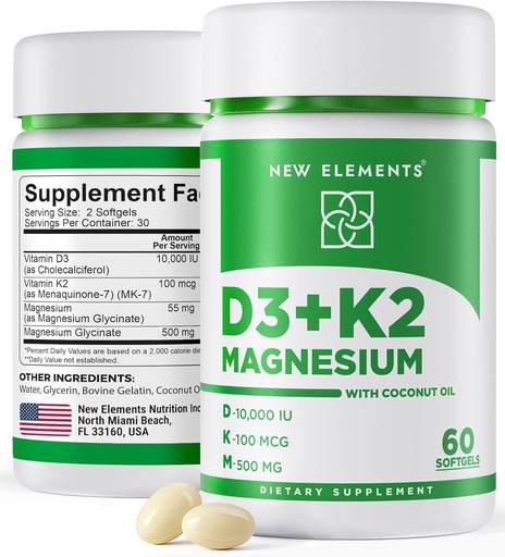 [BRSRAZLQPJ5WOYLL] Novos elementos Vitamina D3 K2 10,000 IU con magnesio Glycinate 500mg - Saúde ósea, soporte inmune, enerxía e humor - Non-GMO, Gluten-Free, Softgels sen azucre para mulleres e homes (60 softgels)