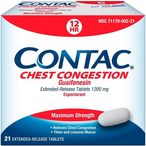 [BRSRM2YBCENAYHI2] Contac Chest Congestion, Maximum Strength Expectorant Controls Cough and Thins and Loosens Mucus, Extended Release Tablets, Guaifenesin 1200 mg, Extended Release Tablets, 21 Count