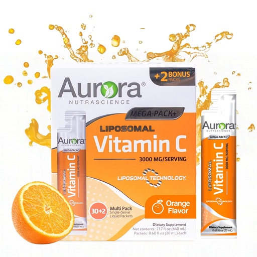 [BRSW2AL3ARYWAGTJ] Aurora Nutrascience Liposomal Liquid Vitamin C - Healthy Immune Support Supplement for Adults, Sugar Free, 3000 mg per Serving, Vegan, Gluten Free, Non-GMO - 32 Single Serve Packets, Orange