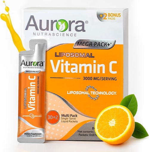 [BRSW2AL3ARYWAGTJ] Vida Lifescience Aurora Nutrascience Mega- Pack Liposominis Vitaminas C, Imuninė parama, 3,000 mg vienam Tarnavimui, Veganas, Gluten Free, Non- GMO, 32 Vienkartinių paslaugų paketai, Oranžinė