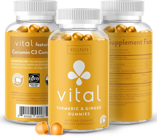 [BRSWGCYHDN5RU2DH] WellPath Vital Turmeric Gummies + Ginger - Joint Support Curcumin Supplement, Turmeric Curcumin C3 Complex, Tasty Alternative to Capsules, Turmeric & Ginger Root, Tropical Flavor Chews, Vegan, 60 Ct