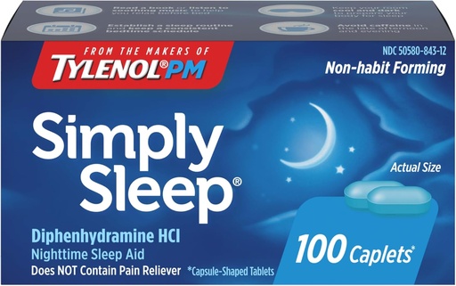 [BRSWIY35AB5R4CA3] Tylenol Simply Sleep Nighttime Sleep Aid Caplets, 25 mg de Diphenhydramine HCl, Aide au sommeil non-habitante pour adultes, 100 Nombre