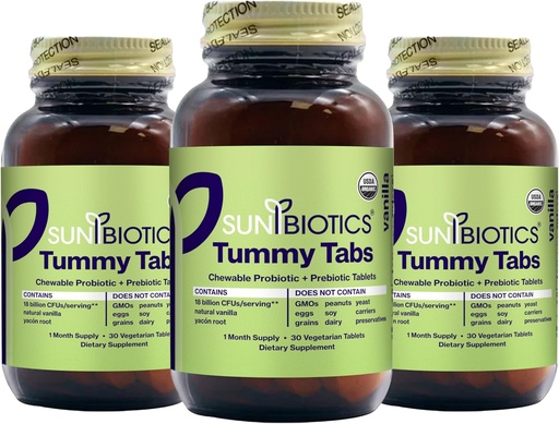 [BRSROGABB54B6CD2] SUNBIOTICS Tummy Tabs - Chewable Probiotic and Prebiotic Tablets with 18 Billion CFUs of 4 Probiotic Strains for Good Gut Flora, Immune System, & Balanced Microbiome - Vanilla, (Pack of 3)