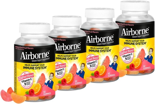 [BRSWECQRC5YQO23B] Airborne 750mg Vitamin C Immune Support Supplement Gummies for Adults, Assorted Fruit Flavor, Gluten Free Crafted Blend with Powerful Antioxidants Vitamins A C & E, 42 Gummies (4 Pack)