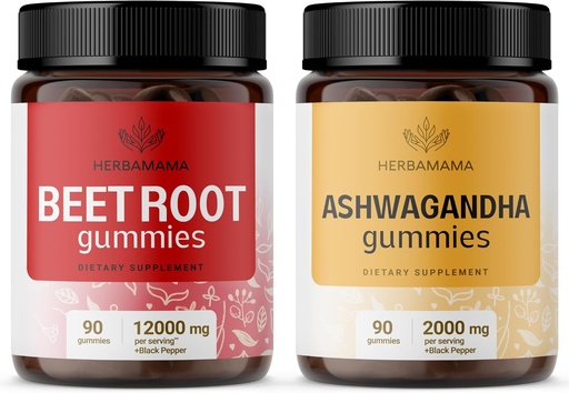[BRSRAGL2AF6WMD3V] HERBAMAMA Beet Root and Ashwagandha Kit - Bundle of 12000 mg Beet Root with Black Pepper & 2000 mg Ashwagandha Root Gummies - Vegan, Gelatin-Free, Non-GMO