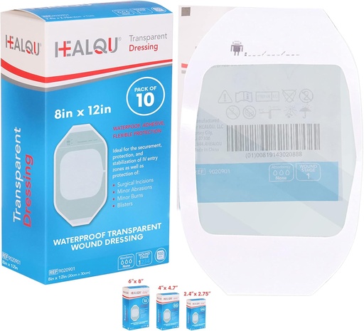 [BRSWYYYOOAMAG3TK] Transparent Film Dressing 8" x 12" (10 Pack) – Waterproof Adhesive Wound Bandages for Post-Surgical Shower, IV Shield, Tattoo Aftercare, Clear Breathable Dressing Patches by HEALQU