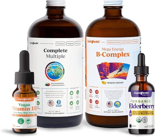 [BRSRMCA3OEBBQCDB] LIQUIDHEALTH Ultimate Immunity & Energy Liquid Vitamine Bundle pour les adultes avec Multivitamine complète, supplément de complexe de soutien énergétique B, gouttes Vitamine D3 végétalienne, gouttes de mûre aînée biologique - non-OGM