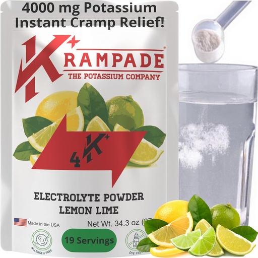 [BRSWGFI2BMHWO3TK] Krampade Original Lemon Lime 4K, 4000 mg Potassium Instant Cramp Relief Electrolyte Drink Powder | Designed for Athletes and Crampers | 19-Serving Resealable Pouch
