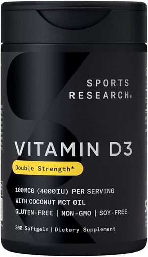 [BRSROBQ7CN7WY2T4] Sports Research® Vitamina D3 4000 UI com óleo de coco MCT - Suplemento de vitamina D de dupla resistência - Gluten Free · Non-GMO · Soy Free - 360 Count Softgels
