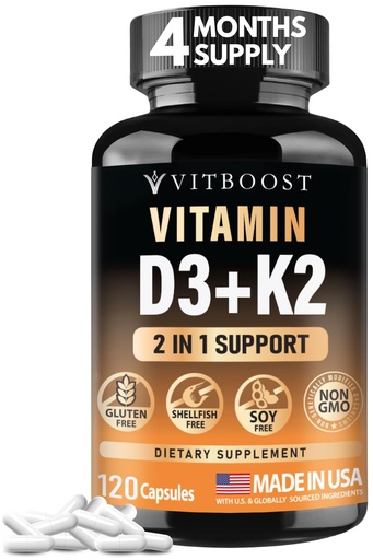 [BRSRAAYNA4CBQALB] VITBOOST Vitamin D3 K2 Complex - Easy to Swallow - Vitamin D (D3) 5000 IU (125 mcg) & K2(MK-7) 90 mcg | Non-GMO | Gluten-Free | USA Made | 120 Capsules