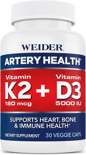 [BRSRMZYPBEIR4HT4] Weider Arter Artery Health for Heart, Immune và Bone hỗ trợ với vitamin K2 (180mcg) & vitamin D3 (2000u), 30 Vegie Capsules