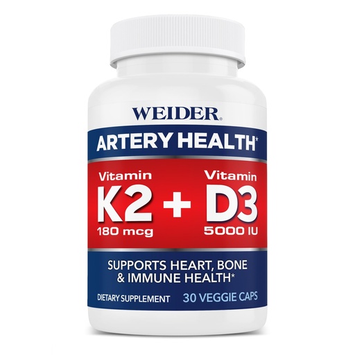 [BRSRMZYPBEIR4HT4] Weider Artery Health - Artery Flexibility & Heart Health - with Vitamin K2, D3 & Ginger - Bone & Immune Support* - Gluten Free & Vegan - 30 Veggie Capsules