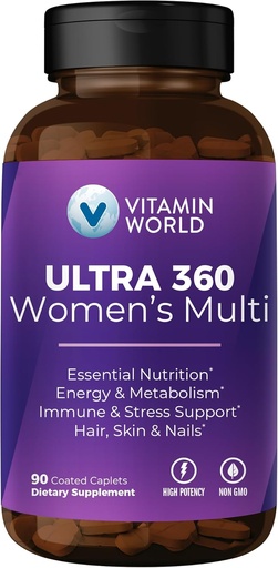 [BRSW2ALRCV7W2E3P] Vitamina Mundial Ultra 360 Multivitamina para Mujeres, Multivitamina de Mujeres con Herbs & Collagen para el cabello, Esquías &amp; uñas, Suplemento con Hierro, Vitamina A, B, C, D, E para la energía &amp; Immune Support, 90 Caplets