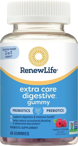 [BRSW2AY7OQCREFDJ] Renew Life Extra Care Digestive Prebiotic and Probiotic Gummies, Daily Supplement for Digestive and Immune Health, B. Coagulans and B. Subtilis, Dairy, Soy and gluten-free, 2 Billion CFU, 48 Count