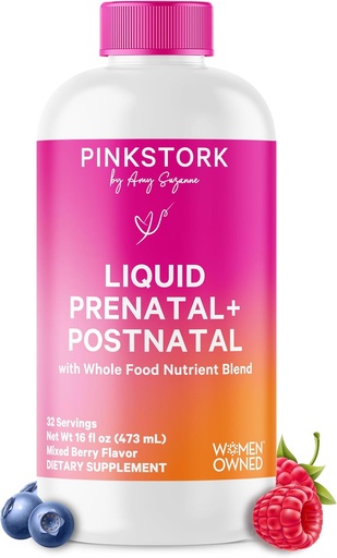 [BRSWIAL5PJ5QEGTC] Vitamine prenatale roz Stork lichid pentru femei - Aroma de Berry - Amestec de alimente organice - Fertilitate, Sarcina, Postpartum Essentials - Suport pentru boala dimineata - Alaptarea si alaptarea - 32 Serviri