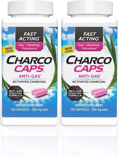[BRSROBT7OR6RMFAZ] Charcocaps Fast Acting Gas Relief for Bloating & Flatulence, Drug Free Detoxifying Activated Charcoal Formula, 100 Capsules, 30 Day Supply, Pink- Pack of 2