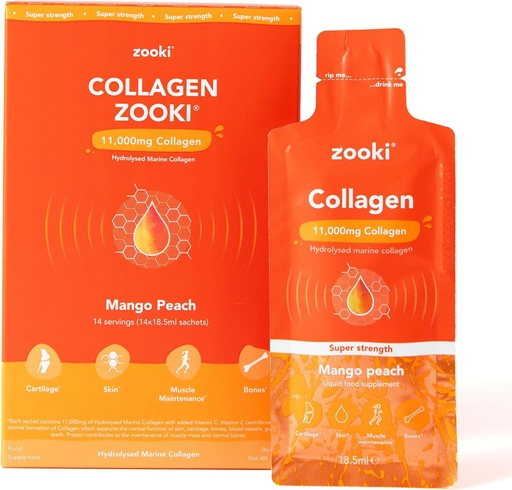 [BRSRAYAFCIBGOEIY] Zooki Super Strength Marine Collagen Liquid Sachets 11,000mg – Great Taste, Sugar Free – Highest Strength Marine Collagen Supplements for Women & Men – Skin, Joints & Hair (Mango Peach, 14 Servings)