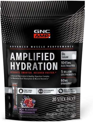 [BRSROYIDAQCWOC3U] GNC AMP Amplified Hydration Electrolyte Powder Drink Mix | Enhanced Electrolyte & Healthy Digestion Complex | Acai Blueberry Pomegranate | 20 Count