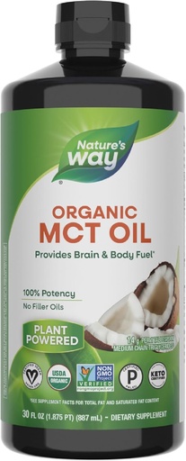 [BRSWGZT6AF7AY23X] Nature's Way Organic MCT Oil, 30 Fl Oz, Brain and Body Fuel from Coconuts*, C8 Caprylic Acid and C10 Capric Acid, Keto and Paleo Certified, Organic, Non-GMO Project Verified