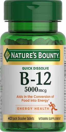 [BRSWIBAROJ6QEHY5] Naturens Bounty Vitamin B12, understøtter energi Metabolisme og nervesystem sundhed, 5000mcg, 40 Quick Opløs tabletter