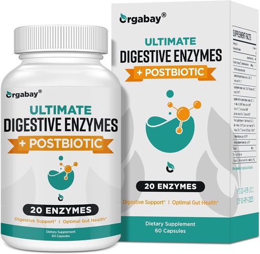 [BRSROGQQA56WACLB] Orgabay Digestive Enzymes 1000mg with Postbiotics, 20 Enzyme Blend for Bloating, Optimal Digestion and Gut Function, 60 Veggie Capsules