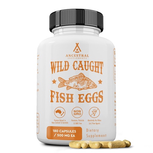 [BRSWYZD7A4CBMGQY] Ancestral Supplements Wild Caught Fish Eggs, 2400mg, Omega-3 Supplement Supports Brain, Heart, Fertility and Inflammatory Health, Whole Food Source of Vitamin D, K2, and A, Non-GMO, 180 Capsules