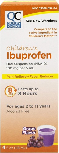 [BRSWYZDRCR5GEA34] Quality Choice Children's Ibuprofen 100mg Oral Suspension, Pain/Fever Reducer, Grape Flavor 4 FL OZ