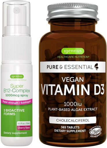 [BRSRAAQBDECQ223G] Vegan Vitamin D3 + Super B12-Complex 5000mcg Vegan Bundle, 365 1000iu Vitamin D3 Tablets + High Strength B12 Cherry Flavor Sublingual Spray, by Igennus