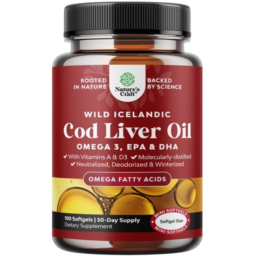 [BRSW2FIQCQJWMFL5] Icelandic Wild Caught Cod Liver Oil Softgels - Fish Omega 3, EPA, DHA, Vitamin D & A, 1000mg Per Serving - Burpless Capsules for Heart, Joint, Brain & Immune Support - 100 Count