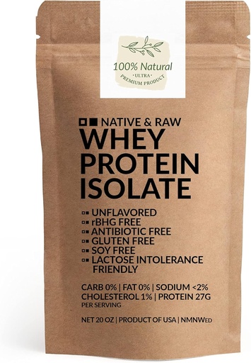[BRSW22QBDEPA4HQV] Native & Raw Whey Protein Isolate, Unflavored, 0percent Carb, Low CholesterolSodium, rBGH Free, Antibiotic Free, Gluten Free, Soy Free, Good for Keto, Paleo och Lactose Intolerance, 20 Oz