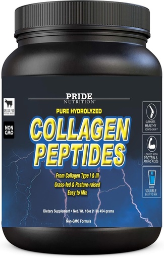 [BRSWG2YQDEHAECAY] Pride Nutrition Collagen Peptides Powder Naturally-Sourced Hydrolyzed Collagen Powder - Healthy Hair, Skin and Nail Support - Type I & III Grass-Fed Collagen Supplements for Women and Men - 16oz