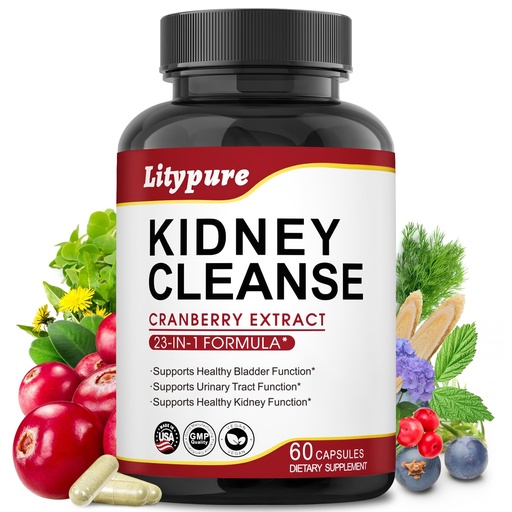 [BRSRAGILCAGR6HL7] 23-in-1 Kidney Cleanse Detox & Repair with 50:1 Cranberry Extract | Botanical Formula for Urinary Tract Wellness | 60 Capsules