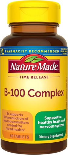 [BRSWIYYOAEFQCH34] Nature Made Time Release Vitamin B-100 High Potency B Complex, Dietary Supplement for Nervous System Function Support, 60 Time Release Tablets, 60 Day Supply