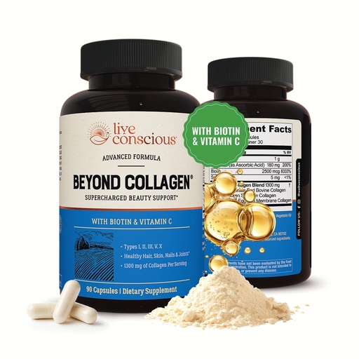 [BRSWYFIQAUOR6AI3] Live Conscious Beyond Collagen Multi Collagen Capsules - Types I, II, III, V & X - Hydrolyzed Blend with Biotin & Vitamin C for Hair, Skin, Nails 90 Capsules
