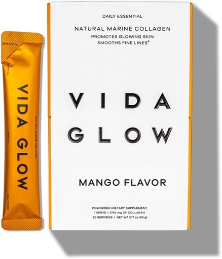 [BRSW2FINCUCBGGY4] Vida Glow Marine Collagen Powder - Anti Aging Supplement with Collagen Peptides, Promotes Glowing Skin, Strong Nails, Healthy Hair | 30 Servings, Mango Flavor
