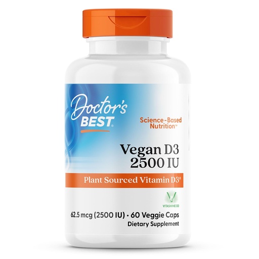[BRSWIF3ROJ7QMFTY] Doctors Best Vegan Vitamin D3 2500 IU Veg Caps - Vegan Vitamin D Supplement for Men & Women, Helps Support Calcium Absorption, Heart Health & Immune Support, 62.5 mcg per Serving - 60 Veggie Capsules