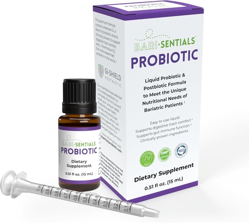 [BRSRAFQYCN7WA2DB] Barisentials Bariatric Liquid Probiotic and Postbiotic Premium Formula - Clinically Researched - Essential for Digestive Health and Immunity Post-Surgery, Low Volume Dose, 15mL