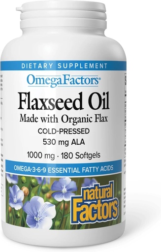 [BRSWIYT3PMMWE3DU] Omega Factors by Natural Factors, Flaxseed Oil, Supports Overall Health with Omega-3, 6 and 9 Fatty Acids, 180 softgels (180 servings)