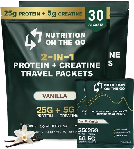[BRSRAAYPOR7AIF33] Nutrition On The Go Whey Protein Isolate Packets with Creatine – 25g Protein + 5g Creatine – Single-Serve Travel Protein Powder – Vanilla (30-Pack)
