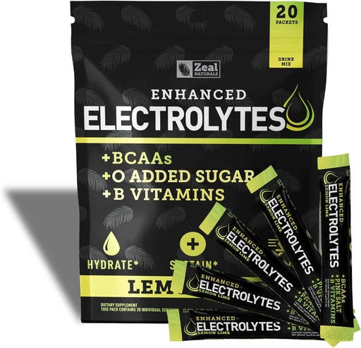[BRSROYICB4NGG3AY] Enhanced Electrolyte Powder Stick Packs (Lemon Lime | 20 Packets) w/ 0 Sugar +BCAAs +B-Vitamins Electrolyte Supplement w Potassium Zinc & Magnesium for Hydration - Keto Electrolytes