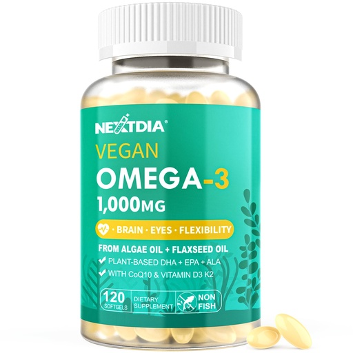 [BRSRAHYHA4CWCF3F] Vegan Omega 3 EPA DHA ALA Supplement + CoQ10, Vitamin D3 K2 (MK7) for Women Men | 1000mg Algae Oil as Fish Oil Alternative | Plant Based Omega 3 Mini Softgels for Bone, Brain, Eye, Skin | 120 Pills
