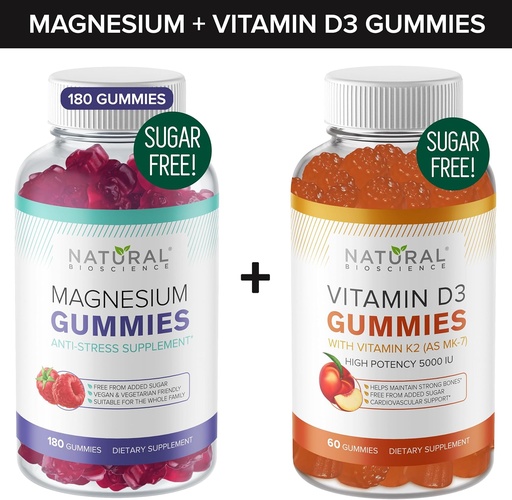 [BRSW2CQPAQJWY3DD] Cukormentes Magnéziummentes Gummies (180 Gummies) & Cukormentes D-vitamin Gummies (60 Gummies) - Immune Support & Relaxation Value Bundle, Gelatin- Free, Gluten- Free, Vegetáriánus, Minden természetes, GMo- Free, Kosher