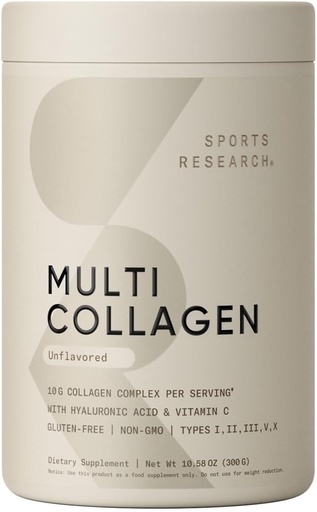 [BRSWY2YHPMCRUDT7] Sports Research Multi Collagen Protein Powder (Type I, II, III, V, X) with Hyaluronic Acid + Vitamin C | 5 Types of Food Based Collagen, 30 Servings (Unflavored)
