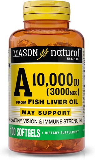 [BRSWIEADOUHWMGD2] MASON NATURAL Vitamin A 3,000 mcg (10,000 IU) from Fish Liver Oil, Supports Vision & Immune Health, 100 Softgels