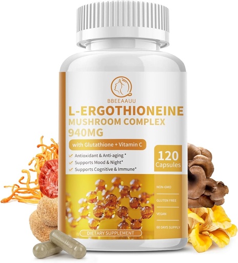 [BRSRAFAEAAMBOC3K] Mushroom Complex Capsules Supplements, 9 in 1 with L-Ergothioneine, Glutathione, Lions Mane, Reishi, Cordyceps, Organic Mushroom Extracts for Immune & Antioxidant Support 120 Counts-Non GMO, Vegan