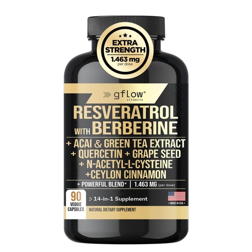 [BRSRO2Y7OAIWMFI7] gflow vitamins Resveratrol Supplement with Berberine Green Tea Extract, Ceylon Cinnamon, Grape Seed & Quercetin1000mg Quercetin, N Acetyl cysteine, Acai | 100% Natural, Max Strength | Made in USA